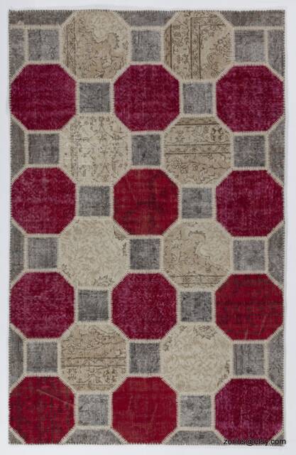 "Red Gray Beige Patchwork Rug Handmade Turkish Wool Carpet - 5'2"" X 8'2" - image 1