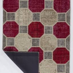 "Red Gray Beige Patchwork Rug Handmade Turkish Wool Carpet - 5'2"" X 8'2" - thumbnail 2