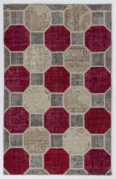 "Red Gray Beige Patchwork Rug Handmade Turkish Wool Carpet - 5'2"" X 8'2" - thumbnail 1