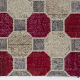 "Red Gray Beige Patchwork Rug Handmade Turkish Wool Carpet - 5'2"" X 8'2" - thumbnail 3