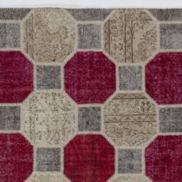 "Red Gray Beige Patchwork Rug Handmade Turkish Wool Carpet - 5'2"" X 8'2" - thumbnail 4