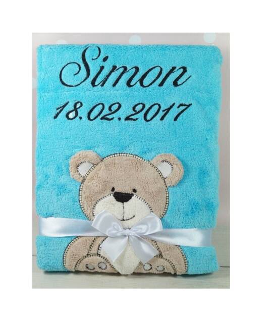Baby Blanket Embroidered With Name & Date 76 X 102 cm - T??rkis With Teddyb??r - 802011 - image 1