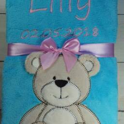Baby Blanket Embroidered With Name & Date 76 X 102 cm - T??rkis With Teddyb??r - 802011 - thumbnail 2