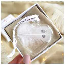 Mum Memorial Feather Bauble Gift Boxed. in Memory Hanging Decoration. Glass Christmas Ornament. Mother, Parent Loss. Xmas Tree Heart - thumbnail 1