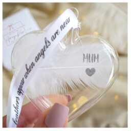 Mum Memorial Feather Bauble Gift Boxed. in Memory Hanging Decoration. Glass Christmas Ornament. Mother, Parent Loss. Xmas Tree Heart - thumbnail 2