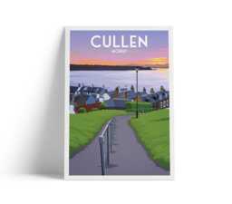 Cullen Travel Poster, Moray Scotland Wall Art - Coastal View Across The Beach To Portknockie A4 A1 Print in Matt Or Satin - thumbnail 1