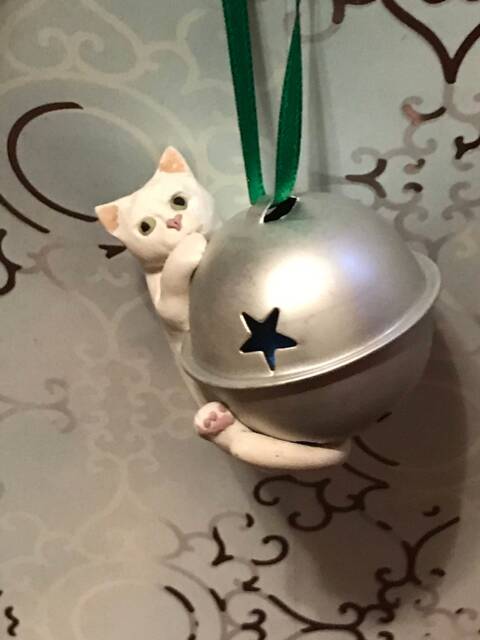 White Cat Ornament, Sleigh Bell, Polymer Clay Ornament - image 1