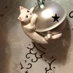 White Cat Ornament, Sleigh Bell, Polymer Clay Ornament - thumbnail 2