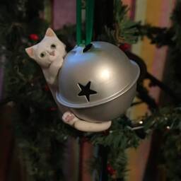White Cat Ornament, Sleigh Bell, Polymer Clay Ornament - thumbnail 4