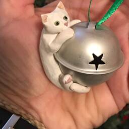 White Cat Ornament, Sleigh Bell, Polymer Clay Ornament - thumbnail 3