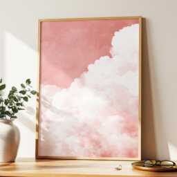 Blush Pink Cloud Wall Art Dream Sky Painting Pastel Cloudscape Large Room Decor Framed Boho Nursery Moon Poster Print - thumbnail 1