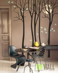 Tree Wall Decal - Set Of 5 Piece Tree Vinyl Decals With Birds & Full Moon - Nature Inspired Wall Art For Home Office- M021