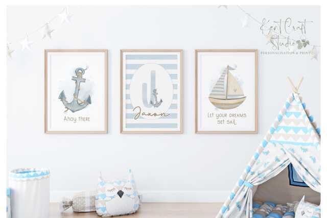 Nautical Sea Theme Nursery D??cor For Boy, Blue Prints, Wall Art, , Watercolour Boho, Set Of 3 - image 1