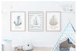 Nautical Sea Theme Nursery D??cor For Boy, Blue Prints, Wall Art, , Watercolour Boho, Set Of 3 - thumbnail 1