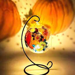 Hand Painted Glass Pumpkin Candle Holder Halloween Thanksgiving Fall Decor
