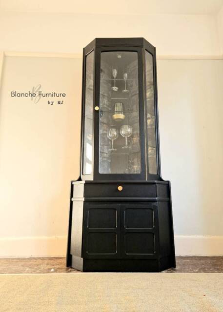 Tall Mid Century Corner Drinks Cabinet Black Vintage Cocktail Nathan Display Unit Glass Shelves Retro Bar Furniture UK - image 1