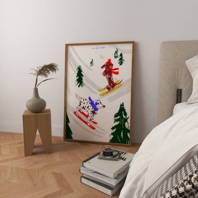 Skiing Dogs Art Print, Vintage Style, Mid-Century Modern Kitchen Wall - image 1