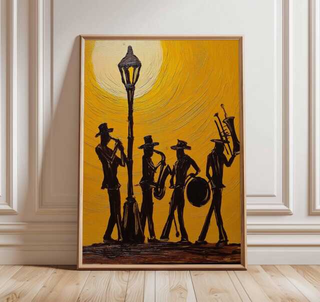 Jazz Band Wall Art, Street Music Poster, Saxophone Trombone Players Print, Vintage Night Artwork For Lovers - image 1