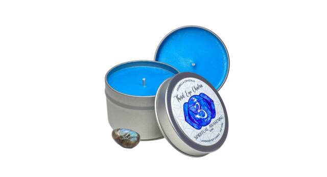 Labradorite Crystal Candle Lavender Scented Third Eye Chakra Candle Tin - image 1