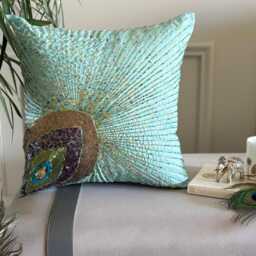 Aqua Blue Art Silk Beaded Birds Pattern Throw Pillow Cover, 16x16 Modern Cushion Cover - Peacock Grace - thumbnail 1