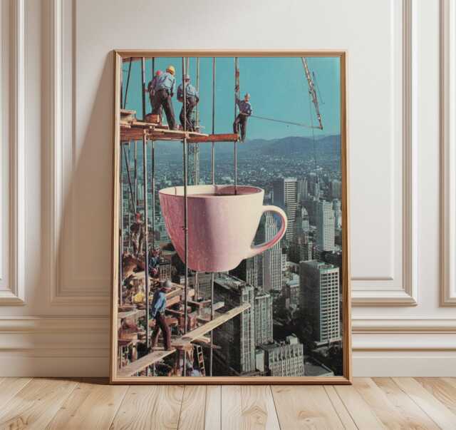 Surreal Coffee Construction Poster, Vintage Collage Wall Art, Retro Cityscape Cup Print, Modern Industrial Home Decor - image 1