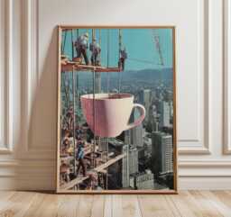Surreal Coffee Construction Poster, Vintage Collage Wall Art, Retro Cityscape Cup Print, Modern Industrial Home Decor - thumbnail 1