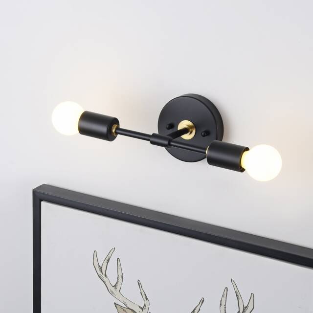 2 Light Black & Gold Wall Sconce - Modern Industrial Minimalist Exposed Bulb Lamp Fixture Bathroom Vanity Hallway Interior Lighting - image 1