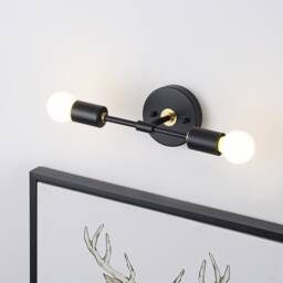 2 Light Black & Gold Wall Sconce - Modern Industrial Minimalist Exposed Bulb Lamp Fixture Bathroom Vanity Hallway Interior Lighting