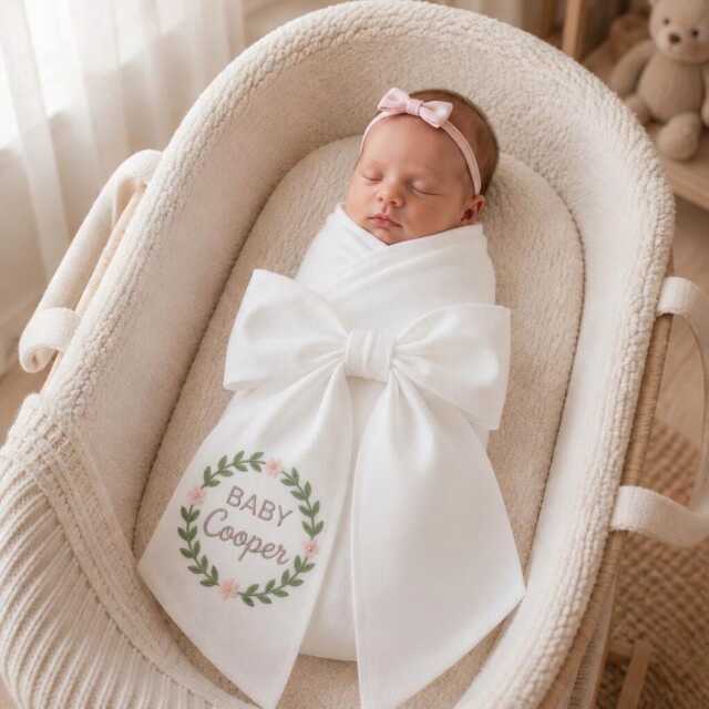 Custom Floral Wreath Embroidered Newborn Bow Sash, Monogram Frame Baby Swaddle, Sash For Picture, Shower Gift - image 1