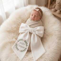 Custom Floral Wreath Embroidered Newborn Bow Sash, Monogram Frame Baby Swaddle, Sash For Picture, Shower Gift - thumbnail 3