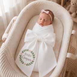 Custom Floral Wreath Embroidered Newborn Bow Sash, Monogram Frame Baby Swaddle, Sash For Picture, Shower Gift - thumbnail 1