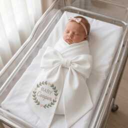 Custom Floral Wreath Embroidered Newborn Bow Sash, Monogram Frame Baby Swaddle, Sash For Picture, Shower Gift - thumbnail 2