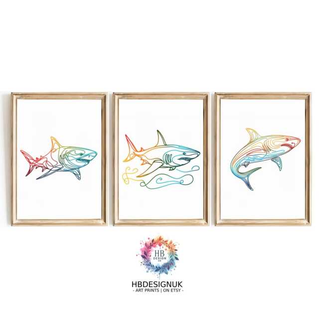 Colourful Shark Line Art Set Of 3 - Fun Ocean Animal Wall Prints A4 A3 Unframed Decor Gift For Marine Life Or Lovers - image 1