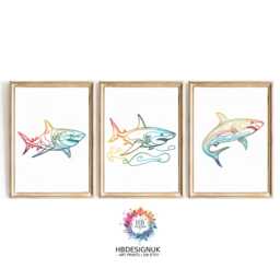 Colourful Shark Line Art Set Of 3 - Fun Ocean Animal Wall Prints A4 A3 Unframed Decor Gift For Marine Life Or Lovers - thumbnail 1