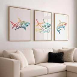 Colourful Shark Line Art Set Of 3 - Fun Ocean Animal Wall Prints A4 A3 Unframed Decor Gift For Marine Life Or Lovers - thumbnail 2