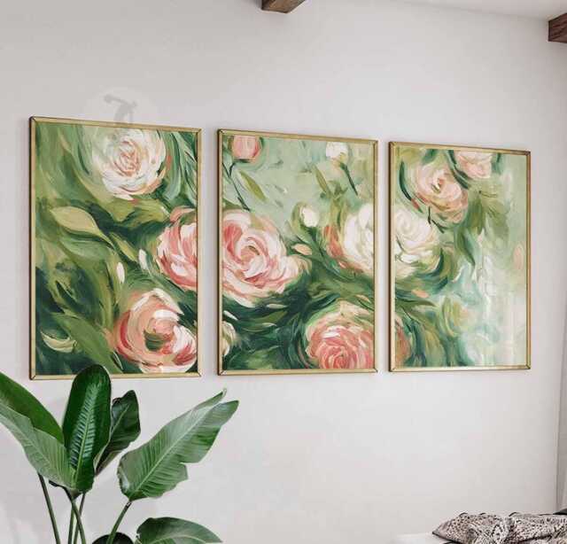 Set Of 3 Rose Posters, Abstract Floral Wall Art Prints, Green & Pink Flower Home Decor - image 1