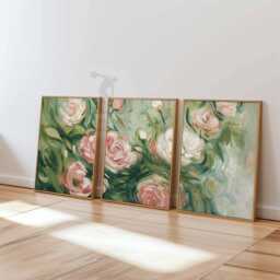 Set Of 3 Rose Posters, Abstract Floral Wall Art Prints, Green & Pink Flower Home Decor - thumbnail 3