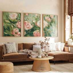 Set Of 3 Rose Posters, Abstract Floral Wall Art Prints, Green & Pink Flower Home Decor - thumbnail 2