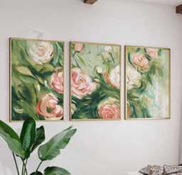 Set Of 3 Rose Posters, Abstract Floral Wall Art Prints, Green & Pink Flower Home Decor - thumbnail 1