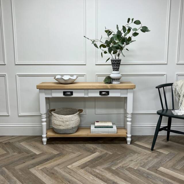 Farmhouse Console Table With Rustic Pine Wood Top & Turned Legs. Painted Base 2 Drawers Lower Shelf. Customisable - image 1