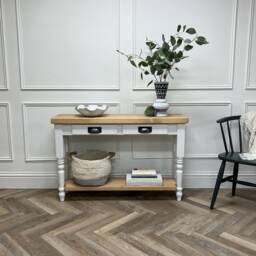 Farmhouse Console Table With Rustic Pine Wood Top & Turned Legs. Painted Base 2 Drawers Lower Shelf. Customisable