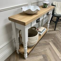 Farmhouse Console Table With Rustic Pine Wood Top & Turned Legs. Painted Base 2 Drawers Lower Shelf. Customisable - thumbnail 2