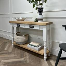 Farmhouse Console Table With Rustic Pine Wood Top & Turned Legs. Painted Base 2 Drawers Lower Shelf. Customisable - thumbnail 3