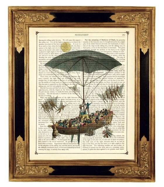 Airship Poster Umbrella Ship Sail Boat Hot Air Balloon Steampunk - Vintage Victorian Book Page Art Print Jules Verne - image 1