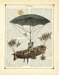 Airship Poster Umbrella Ship Sail Boat Hot Air Balloon Steampunk - Vintage Victorian Book Page Art Print Jules Verne - thumbnail 2
