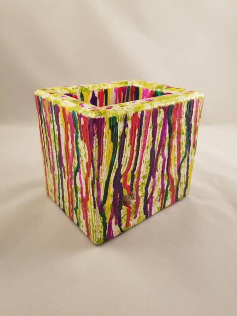 Wood Desk Organizer Pencil Paintbrush Cup/Dried Flower Vase, Reclaimed - Paint Drip Style - image 1