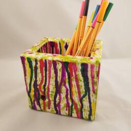 Wood Desk Organizer Pencil Paintbrush Cup/Dried Flower Vase, Reclaimed - Paint Drip Style - thumbnail 4
