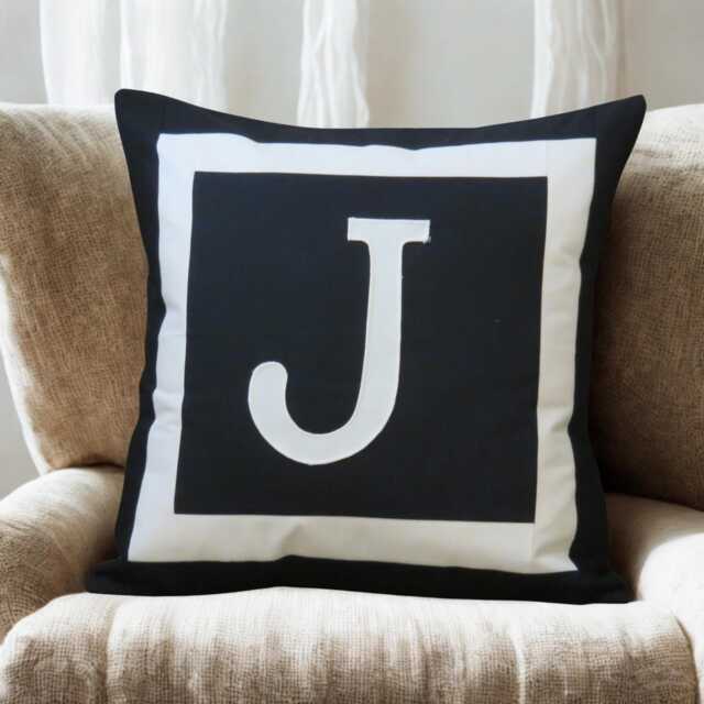Monogram Initial Cushion Cover, Handmade Cotton Pillow - Black - image 1