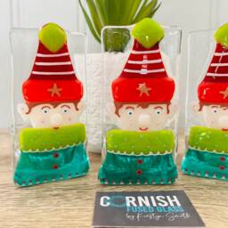 Fun & Festive Boy Elf Fused Glass Candle Holder Christmas Decoration - Cornish Fused Glass, Cornwall - thumbnail 3