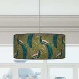 Handmade Peacock-Inspired Ceiling Light Shade - Teal, Olive Green & Turquoise Drum Lampshade - thumbnail 3